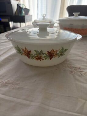 Glasbake White Milk Glass Casserole with Autumn Leaf Motif